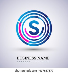 Letter S vector logo symbol in the circle thin line colored blue and red. Design for your business or company identity.