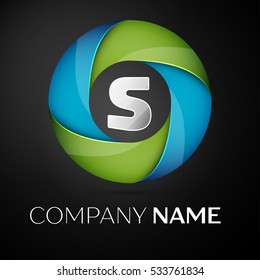 Letter S vector logo symbol in the colorful circle on black background. Vector template for your design
