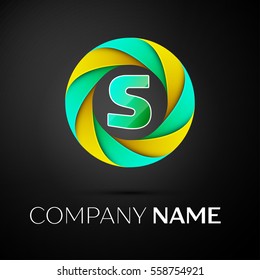Letter S vector logo symbol in the colorful circle on black background. Vector template for your design