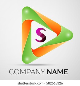 Letter S vector logo symbol in the colorful triangle on grey background. Vector template for your design