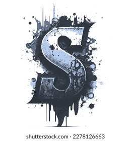 Letter S, Vintage Logo Icon, Paint and Brush Texture,Dirty Splat and Spray Texture,Metallic Drip in Modern Blue Texture