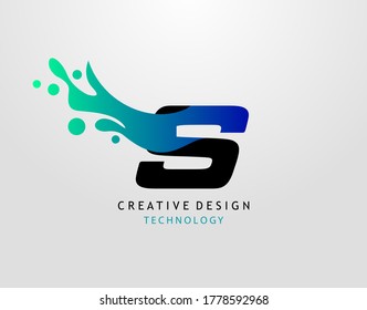 Letter S Water Splash Logo. Modern Techno Alphabet Splatter Icon, Template Design.