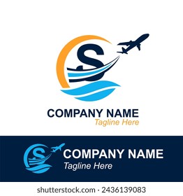 Letra S con logotipo de Onda y Avión Volador para Agencia de Viajes. Logotipo de diseño vectorial para etiqueta de transporte de viajes, turismo, publicidad de la compañía de vuelos