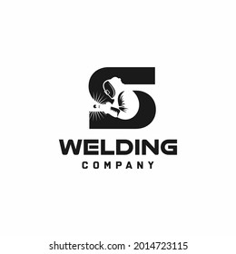 Letter S welding logo, welder silhouette working with weld helmet in simple and modern design style