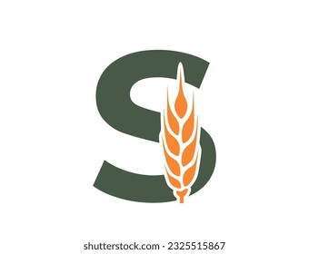 letra s con oreja de trigo. logotipo del alfabeto de cosecha y alimentos orgánicos. la agricultura de cereales, la agricultura y el diseño de cultivos de cereales. imagen de color vectorial aislado