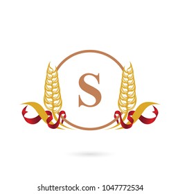 Letter S wheat logo template with ribbon. Organic concept. Nature icon symbol.