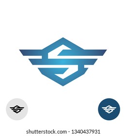 Letter S with wings tech style logo. Hexagon shaped sign with parallel wide line wings.
