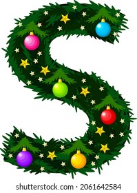 The letter S. Winter alphabet. The font is made in the form of a Christmas tree with decorations of balls and stars.