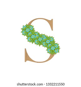Letter S wooden texture with green leaves and flowers