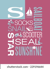 Letter S words typography illustration alphabet poster design