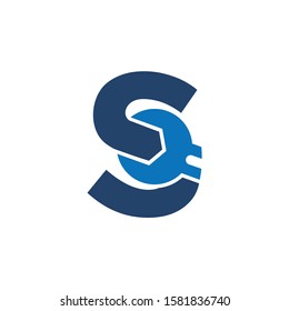 Letter S Wrench Logo Design. Handyman Repair Service. Technology Construction Industry Vector Icon.