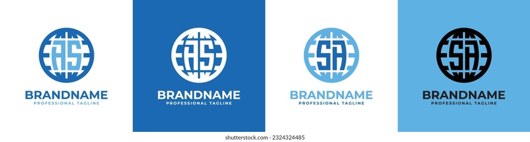 Conjunto de logotipos de las letras AS y SA Globe, adecuado para cualquier negocio con iniciales AS o SA.