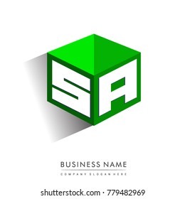 Letter SA logo in hexagon shape and green background, cube logo with letter design for company identity.
