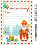 Letter to Saint Nicholas. St Nicholas holiday day. Christmas children gift wish list. Christian Sinterklaas Santa Claus character. Kid paper mail template. New year postcard writing text blank. Vector