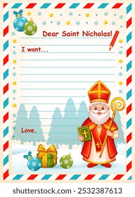 Letter to Saint Nicholas. St Nicholas holiday day. Christmas children gift wish list. Christian Sinterklaas Santa Claus character. Kid paper mail template. New year postcard writing text blank. Vector