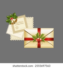 Letter to Santa with bells, ribbons and Christmas gifts on gray background