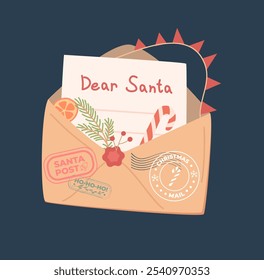 A letter to Santa. Christmas craft envelope with seals, lollipop, Christmas tree branch, orange, garland.