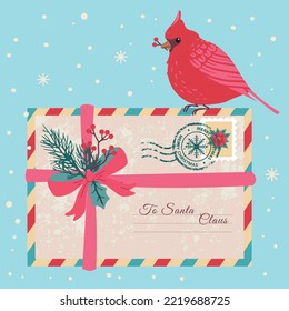 letter to Santa. Christmas vector illustration with envelope and red cardinal. Holidays mail
