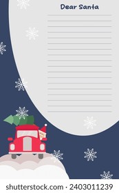 Letter to Santa. Christmas wishlist. Santa letter template with Santa riding red vintage car. Vector illustration