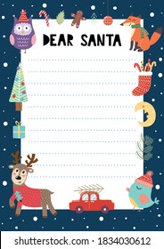 Letter to Santa Claus A4 template with cute Christmas characters. Christmas wish list. Dear Santa printable template for kids. Vector illustration