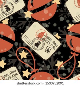 Letter for Santa Claus ball vector seamless pattern on dark background. Letter to Santa Claus repeat print. Merry Christmas Happy New Year design. Sealed Santa Claus mail with stamps and postage marks