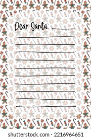 Letter to Santa Claus blank template. Christmas wishlist with copy space for writing. Dear Santa words. Vector illustration with doodle gingerbread and sweets on background. Vertical A4 format 