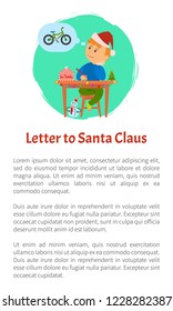 Letter to Santa Claus and boy thinking of wish to make, kid writing mail dreaming of new bicycle. Child sitting at table with spruce on it, snowman under
