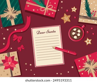 Letter to Santa Claus. Christmas wish list. Gift boxes, a cup of hot chocolate and Christmas decorations. Flat design illustration.