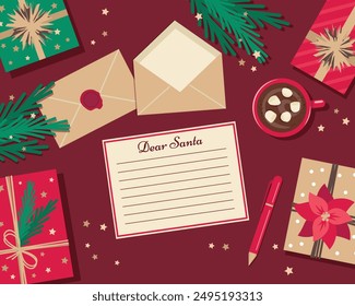 Letter to Santa Claus. Christmas wish list. Gift boxes, a cup of hot chocolate and Christmas decorations. Flat design illustration.