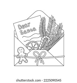 Letter for Santa Claus coloring page. Black and white envelope. Color me. Isolated vector illustration eps