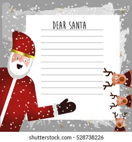 Letter to Santa Claus. Cute page template with flat characters of Santa and deers on snow background. Space for text. Vector hand drawn  illustration.