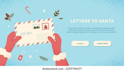 Letter to Santa Claus. Design element for landing page. Symbol of New Year and Christmas. Fictional character holding postcard. Culture and traditions, holidays. Cartoon flat vector illustration