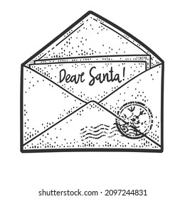 letter to santa claus in envelope sketch engraving vector illustration. T-shirt apparel print design. Scratch board imitation. Black and white hand drawn image.