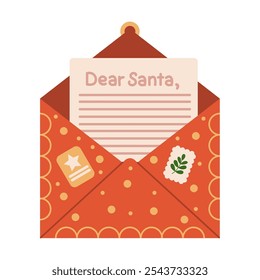 Letter to Santa Claus in festive envelope flat color vector object. Christmas holiday wish list childhood dream illustration on white background