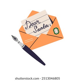 Letter to Santa Claus with fountain pen. Open envelope with paper wish list for winter holiday. Kids' message about Christmas gifts, presents. Flat isolated vector illustration on white background