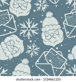 Letter for Santa Claus and Santa’s head vector seamless pattern. Letter to Santa Claus repeat print. Merry Christmas Happy New Year design. Open Santa Claus mail with stamps and postage marks