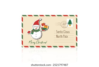 Letter to Santa Claus isolated on white. Christmas letter. Envelope with snowman.