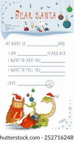 A letter for Santa Claus with lines to fill in wishes and data, A snake and an owl look at each other