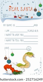 A letter for Santa Claus with lines to fill in wishes and data, A snake climbs out of Santas hat
