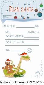A letter for Santa Claus with lines to fill in wishes and data, A snake wraps around a Gingerbread Man