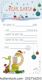 A letter for Santa Claus with lines to fill in wishes and data, A snake wraps around a drink glass