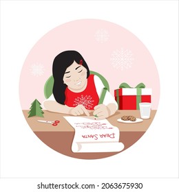 Letter to Santa Claus. Little girl is writing wish list at the table. Cheerful cartoon character. Gift box, glass of milk, plate with cookies for Santa. Vector illustration Isolated on pink background