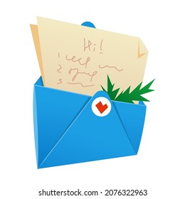 Letter to Santa Claus - modern flat design style single isolated object. Neat detailed image of blue envelope and several paper sheets with wishes for the New Year gifts. Traditional magical message