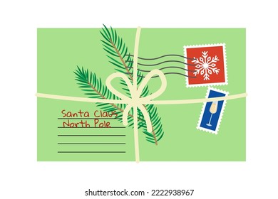 Letter for Santa Claus to North Pole. Christmas poctcard with marks and seals decoratede fir branch and rope. Flat, cartoon. Isolated vector illustration eps 10