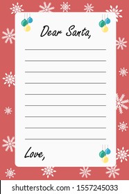 Letter to Santa Claus on a red background with snowflakes. Dear Santa Claus letter. Holiday child wish list for Santa Claus. Flat vector illustration.