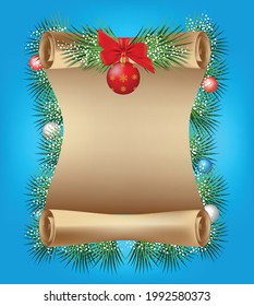 carta para santa claus, con pino y bolas de navidad, papiro viejo