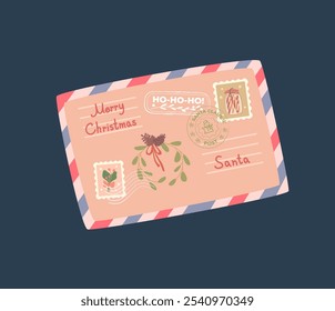 A letter to Santa Claus. Postage stamps and a Christmas wreath