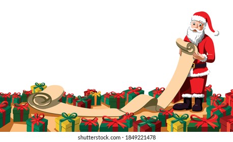 letter to Santa Claus reads Wish list surrounded by christmas gifts, fictional Character illustration