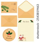 Letter to Santa Claus. Set consisting of vector illustration of envelope, letter and gift tag with image of Santa, deer, snowflakes, fir branch and holly.