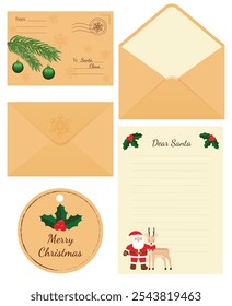 Letter to Santa Claus. Set consisting of vector illustration of envelope, letter and gift tag with image of Santa, deer, snowflakes, fir branch and holly.